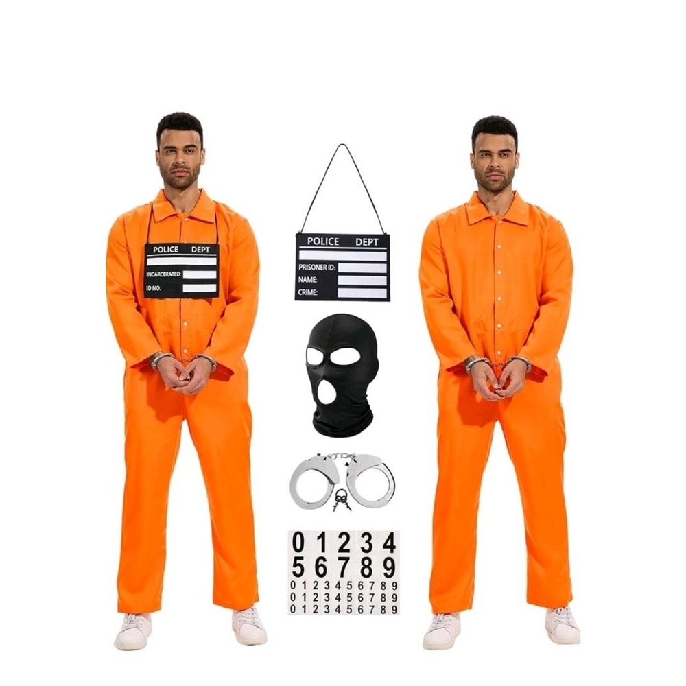 Prisoner Costume Men Orange Jumpsuit Halloween Inmate Set 3XL Slivomi